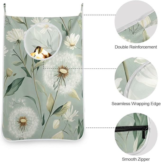 Sage Green Dandelions Spring Hanging Laundry Hamper Bag with Adjustable Stainless Steel Hooks Dirty Clothes Wall Hampers Over the Door Extra Large 29.5X20inch 1 PCS