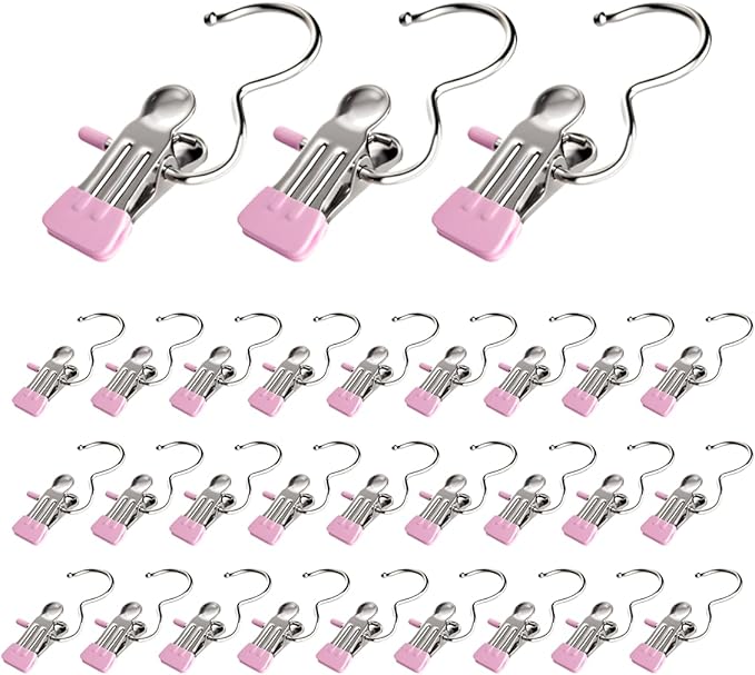 Clothes Pins, 30 Pack Hanger Hooks, Stainless Steel Laundry Clips, Travel Hangers, Towel Clips, Legging Organizer for Closet Hanging, Space Saving Hanger Clips for Pants, Jeans, Hats, Boot(30P+Pink)