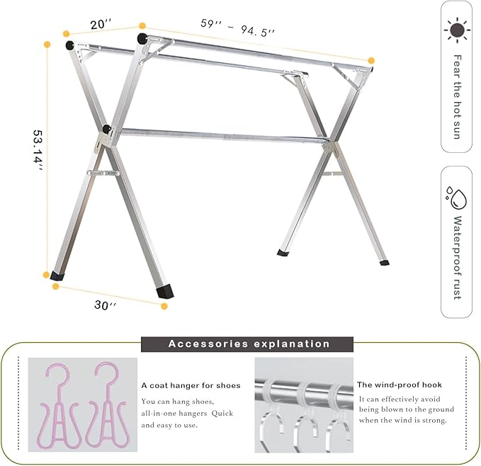 AIODE Clothes Racks for Hanging,94.5 inch for Stainless Steel Adjustable and Foldable Space Saving Laundry Clothes Drying Rack for Indoor Outdoor with Windproof Hooks