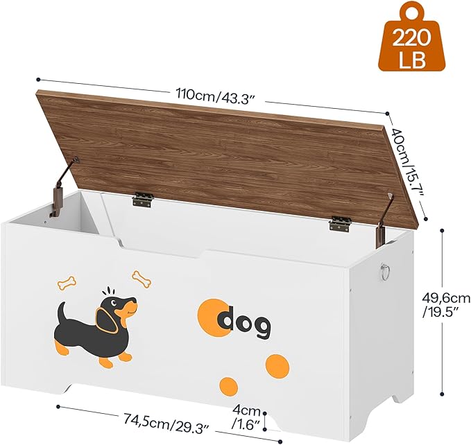 HOOBRO Toy Box, Toy Chest with 2 Safety Hinges, 43.3" Storage Bench, Wooden Storage Chest, for Entryway, Bedroom, Living Room, White and Walnut WH495CW01