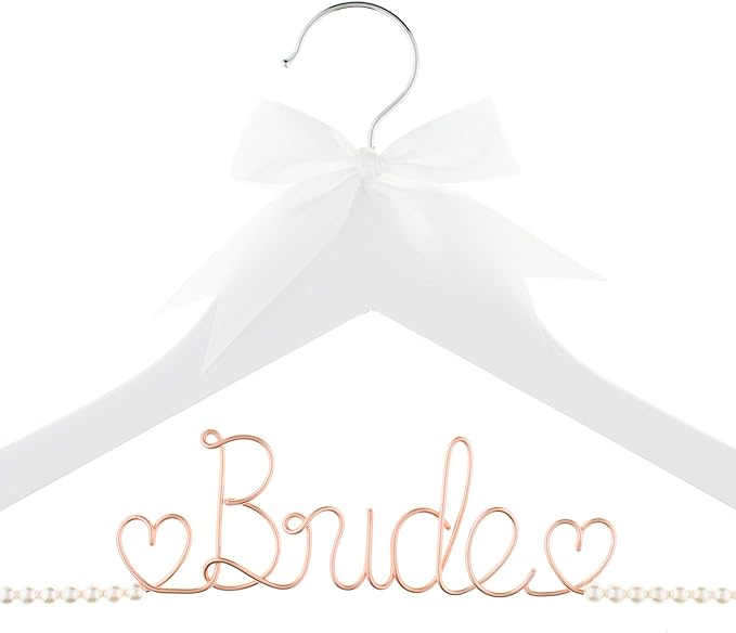 Ella Celebration Bride to Be Wedding Dress Hanger Wooden and Wire Hangers for Brides Gowns, Dresses (White with Rose Gold Wire and Pearls)