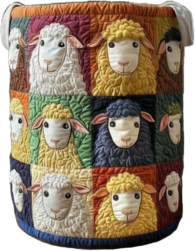 Quilted Laundry Basket with Handles, Boho Floral Fabric Storage Hamper, Large Soft Quilted Laundry Basket for Nursery, Bedroom, Laundry Room,Clothes & Toys (Sheep Pattern B, L)