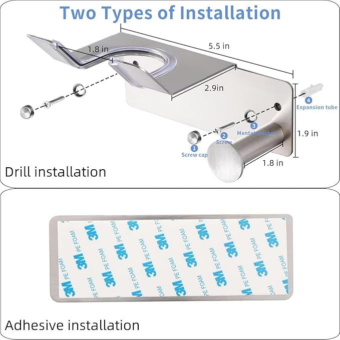 Hair Dryer Holder, Dyson Hair Dryer Holder, Blow Dryer Holder with Cord Hook SUS304 Stainless Steel Wall Mount, Self Adhesive/Screw Space Saving Hairdryer Holder for Bathroom Silver