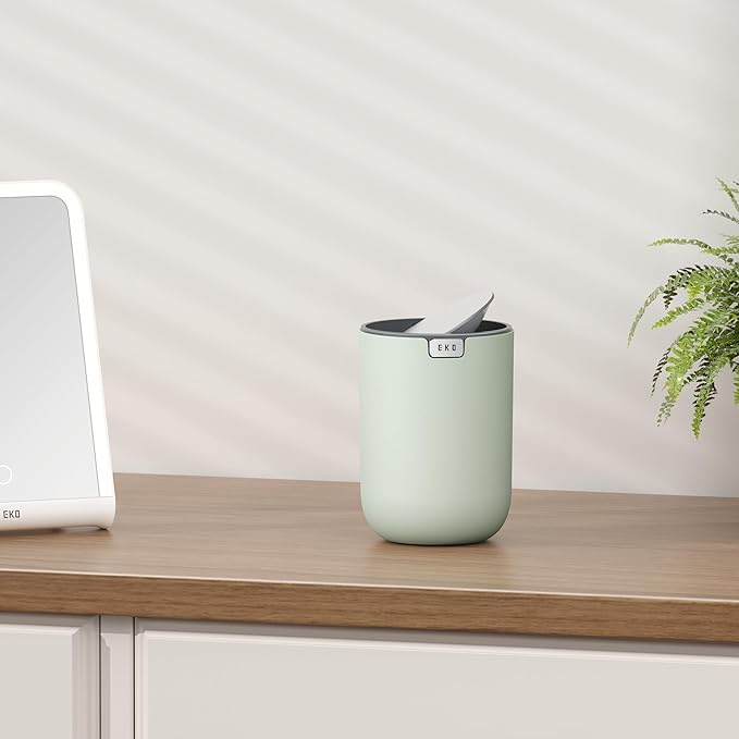 EKO Fandy 0.4 Gal/1.5L Mini Tabletop Trash Bin with Swing-Lid, Desktop Trash Can for Bathroom Countertop, Vanity, Coffee or Office, Small Garbage Bin (Sage)