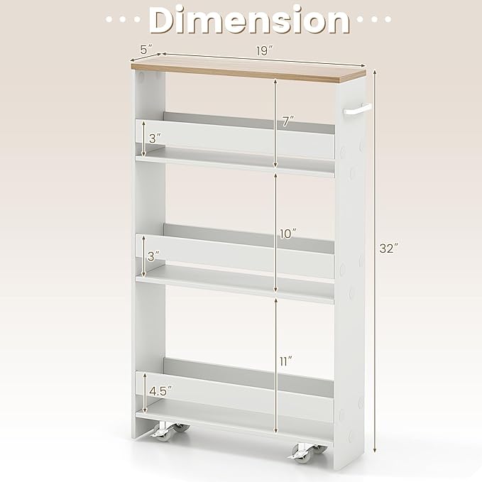 4-Tier Slim Rolling Storage Cart, Wooden Kitchen Utility Cart with Wheels & Handle, Space Saving Trolley, Slide Out Shelving Unit for Narrow Spaces, Laundry, Bathroom (White + Natural)