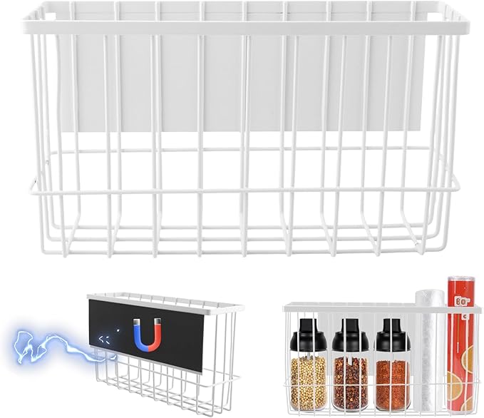 Magnetic Metal Basket Organizer for Fridge & Locker, Storage Basket for Foil/Plastic Wrap/Spice/Dryer Ball, Space-Saving Kitchen & Laundry Solution (White, S)