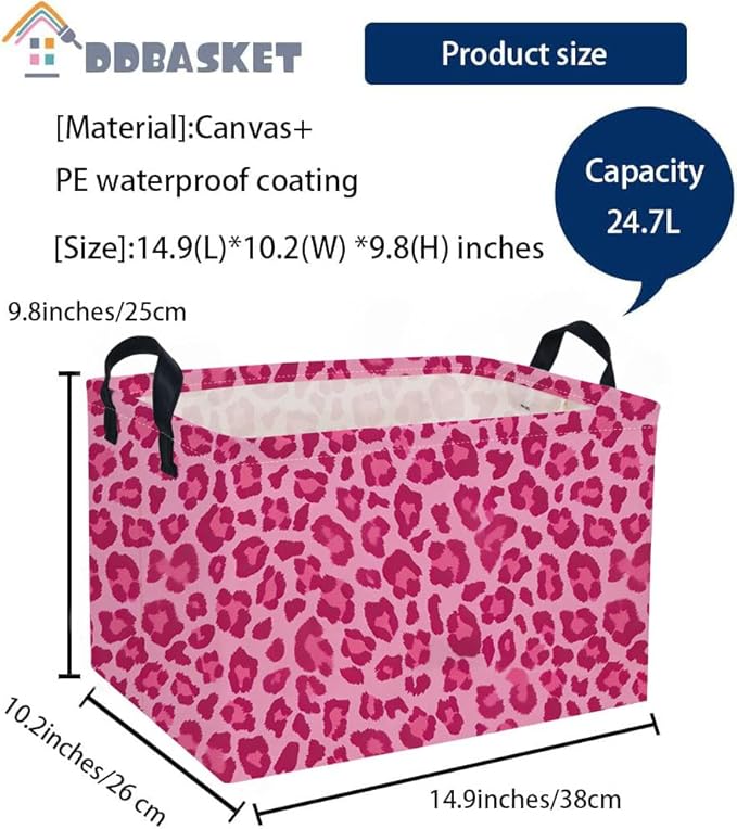 Rectangular Kids Baskets Pink Basket Cute Storage Bins Organizer Box Boys Room Decor for Home.(Pink leopard print)