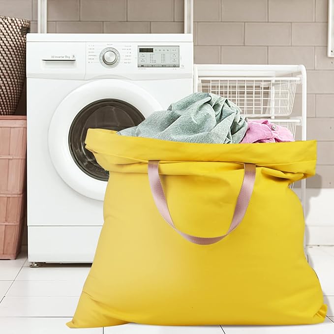 Sanlykate Large Canvas Cotton Laundry Bag with Drawstring & Handles, Heavy Duty Durable Dirty Clothes Organizer, Tear Resistant Hamper Liner Storage Bag, Travel Sack, 25.5 x 34inch - Yellow