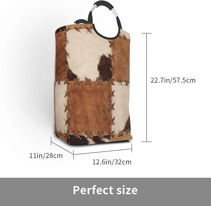 Brown Cow Print Laundry Basket Cowhide Laundry Hamper Animal Collapsible Baskets with Handle Dirty Clothes Hamper Bag for Dorm Family Bathroom Decor Storage 50L
