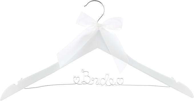 Ella Celebration Bride to Be Wedding Dress Hanger Wooden and Wire Bridal Hangers for Brides (White with Silver Wire)