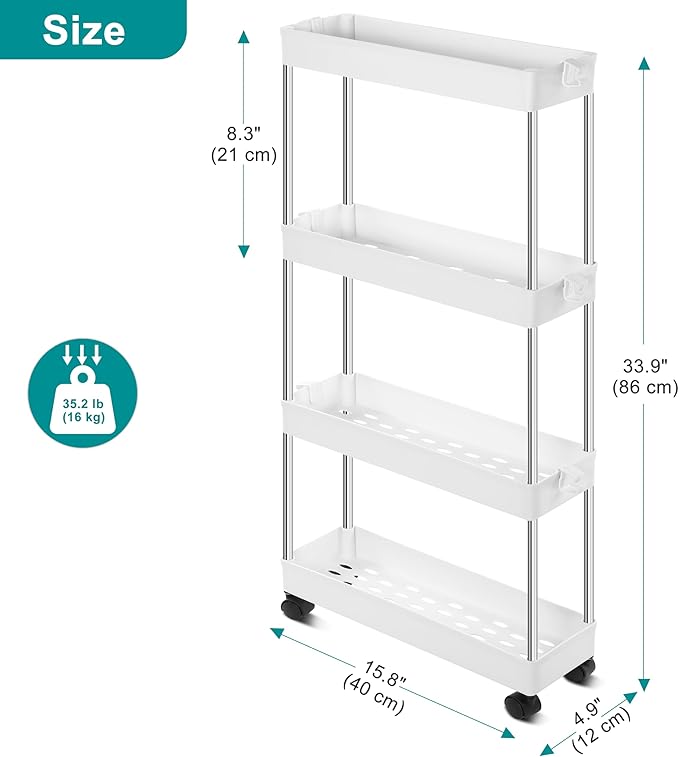 YSSOA Rolling Storage Cart, 4 Tier Slim Mobile Shelving Unit for Storage,360° Rotating Wheel Lockable Utility Cart,Great for Office, Kitchen, Bathroom, Laundry or Narrow Spaces, White