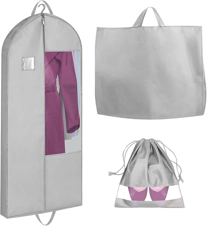 Garment Bags for Hanging Clothes and Travel with 4" Gusseted, Suit Cover for Clothes,Coats,Suit,Jackets,Dress,Shirts,Skirt. (Grey-50"-Double zipper-Thickened 80G Non-woven Fabric)