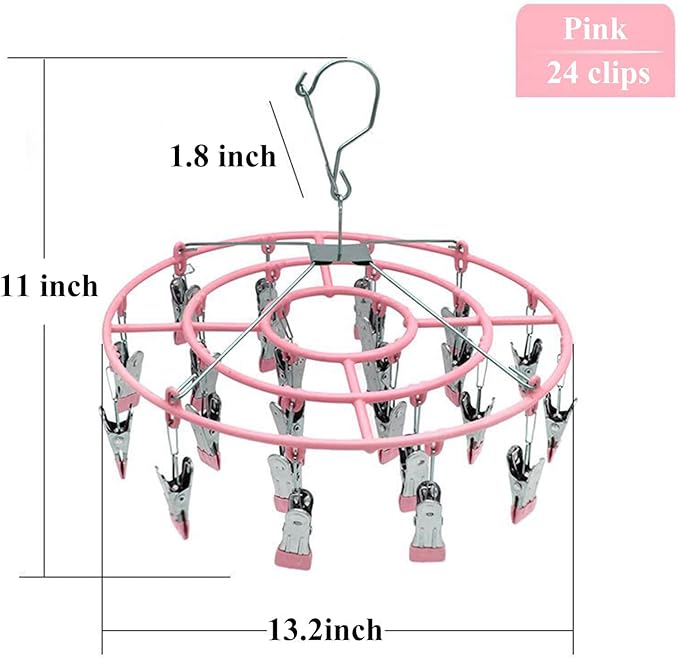 Stainless Steel Clothes Sock Drying Rack with 24 Clips, Swivel Hook Windproof Clothes Hanger Rack for Sock, Bras, Towel, Underwear, Laundry Clothes, Hat, Scarf, Pants, Gloves (Pink Clips)