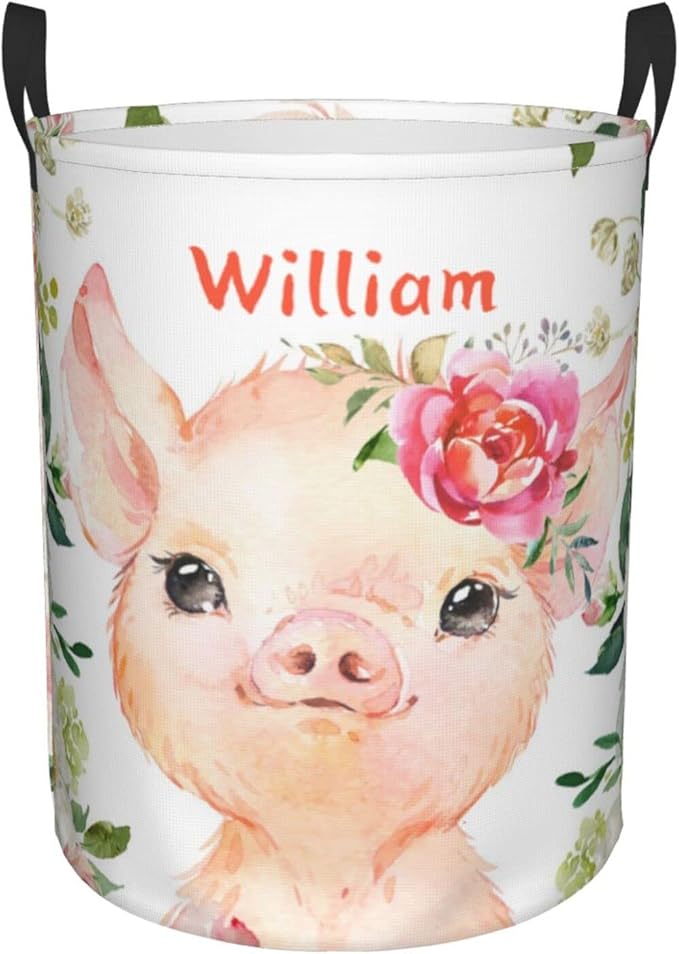 Cute Pig Pink Flowers Personalized Laundry Basket Name Clothes Hamper with Handles Waterproof Laundry Storage Baskets for Bedroom Bathroom Decor.