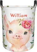 Cute Pig Pink Flowers Personalized Laundry Basket Name Clothes Hamper with Handles Waterproof Laundry Storage Baskets for Bedroom Bathroom Decor.