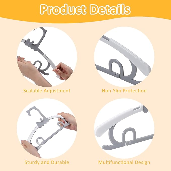 30 Pack Clothes Hangers with 16 Clips, 11-15 inch Plastic Adjustable Clothes Hanger, Durable & Non-Slip, Space Saving Coat Hanger for Pants, Jackets and Dress (Grey)