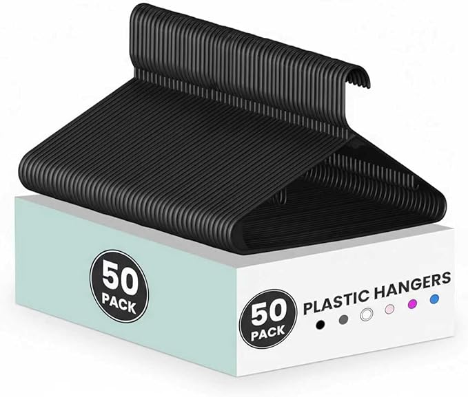 InfiniPower 50 Pack Plastic Hangers, with Non-Slip Hooks, Space-Saving Design for Shirts, Coats, Dresses & Garments, Black