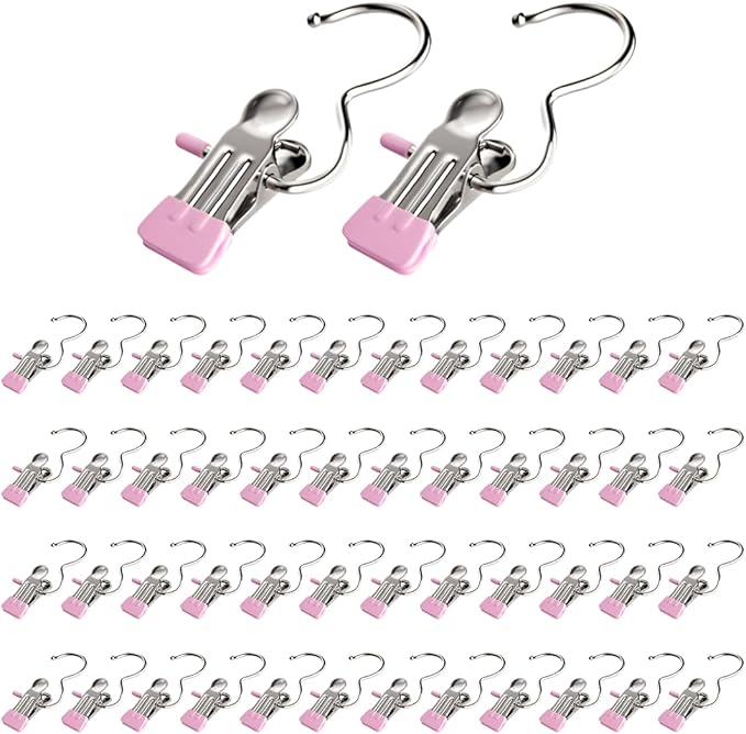 Clothes Pins, 50 Pack Hanger Hooks, Stainless Steel Laundry Clips, Travel Hangers, Towel Clips, Legging Organizer for Closet Hanging, Space Saving Hanger Clips for Pants, Jeans, Hats, Boot(50P+Pink)