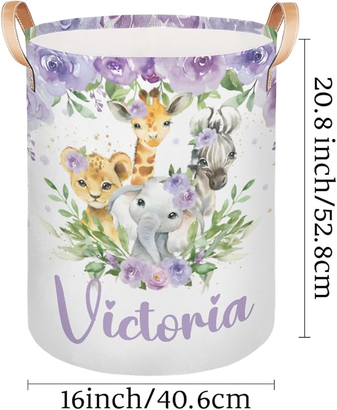 Personalized Laundry Basket, Custom Gift Laundry Hamper, Collapsible Nursery Waterproof Laundry Baskets, Dirty Clothes Toy Hamper with Handles Animal Purple Floral