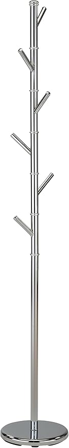 KB Designs - 6 Hook Metal Standing Coat and Hat Hanger Organizer Rack, Chrome
