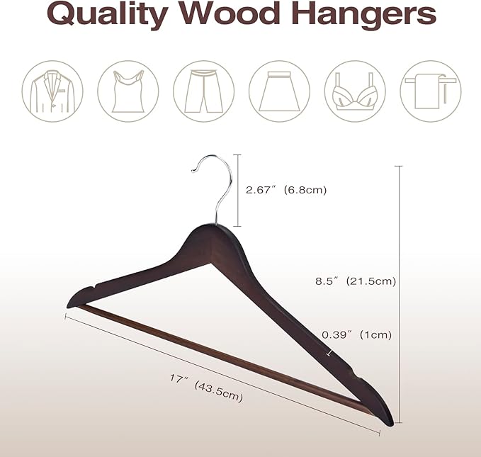 FairyHaus Wood Hangers 30 Pack, Smooth Finish Wooden Coat Suit Hangers with 360° Swivel Hook and Notches, Lightweight Walnut Wood Clothes Hangers for Camisole, Pants, Dress