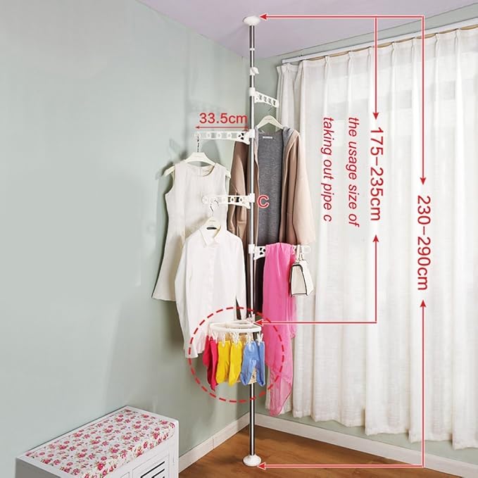 BAOYOUNI 4-Tier Standing Clothes Laundry Drying Rack Grament Coat Hanger Organizer Floor to Ceiling Adjustable Metal Corner Tension Pole Spce Saver with Socks Towel Clothespins, Ivory