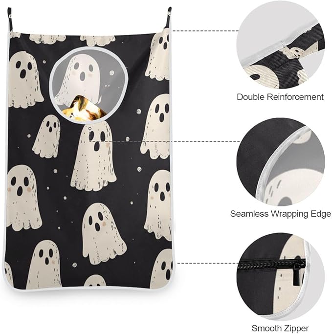 Cute Halloween Ghost Black Hanging Laundry Hamper Door Hampers Bag Basket with Stainless Steel Hooks Oxford Fabric Printing Decorative Clothes Bags 29.5X20inch 1Pack