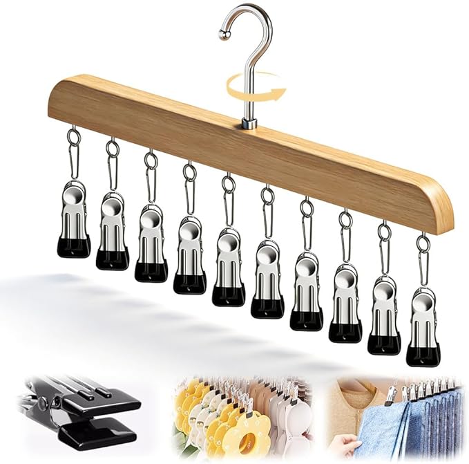 Legging Hangers for Closet, 2026 New Closet Organizer with Clips, 360° Rotating Space Saving Hanging Closet Organizer for Leggings Socks Hats Jeans (Wood-10 Clips, 1PC)