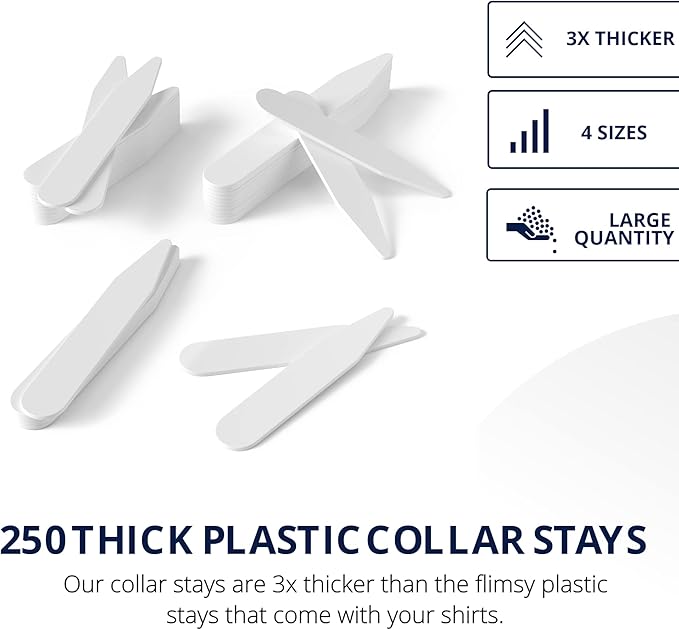 Quality Stays 250 Plastic Collar Stays for Men, 4 Sizes, White Shirt Collar Inserts