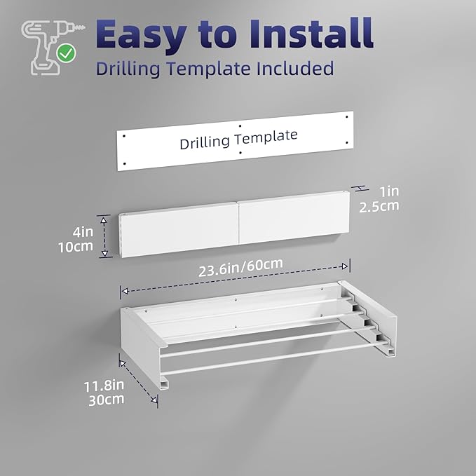 Laundry Drying Rack - Collapsible Wall Mounted Rack, 23.6" Wide, 11.2 Linear Ft, 4 Aluminum Rods, 60 lb Capacity (White)