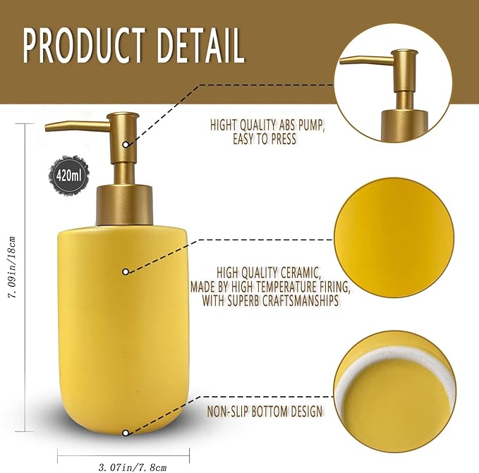 Liquid Soap Dispenser for Bathroom with Gold Pump，Dish Soap Dispenser for Kitchen,Refillable Countertop Lotion Ceramics Yellow Hand Soap Dispenser for Shower 420ml (Cylindrical Yellow Bottle)