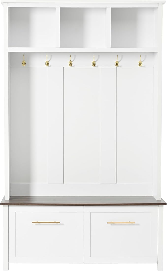 Modern Hall Tree with 6 Golden Hooks, Wood Entryway Coat Hanger with Brown Wood Grain Storage Bench and Top Open Storage Shelves, Versatile 4-in-1 Entryway Coat Rack for Entrance Hallway (White-9.8)