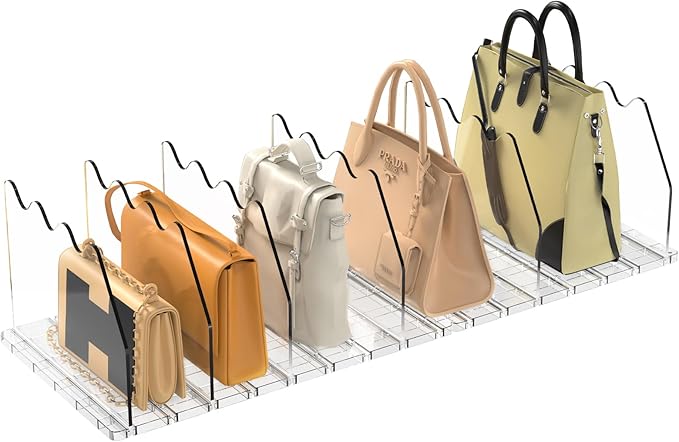 purse organizer for closet Sleek Transparent Acrylic Adjustable Organizer -shelf dividers Multifunctional for Home & Office Spaces (6 Baffles + 1 Hat Stand (Clear, 6+2)