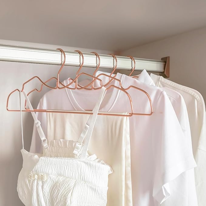 Metal Clothes Hanger, Ultra Slim & Short Neck Hanger,Space Saving Durable Non-Slip Felt Hangers, Closet Organizer (Rosy Gold)