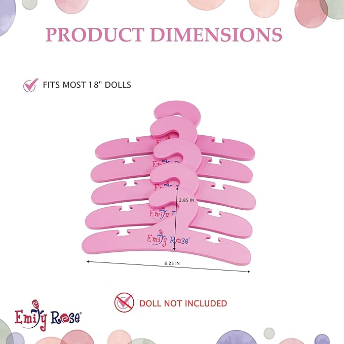 Emily Rose 18 Inch Doll Clothes Hangers 5-Pack Pink Wooden | Closet Organizer Compatible with American Girl and Our Generation Doll Clothing | 18” Wardrobe Furniture Accessories | USA Brand