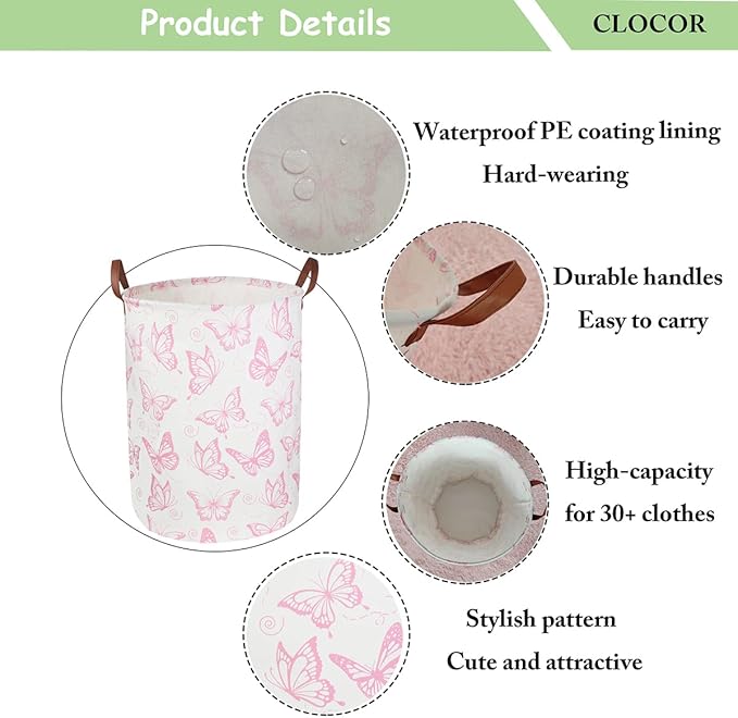 CLOCOR Pink Laundry Basket,Waterproof Nursery Hamper for Baby Girl ,Collapsible Storage Baskets for Girls Bedroom,Kids Toys Storage Bin,Room Decor,Gift Basket（Pink Butterfly