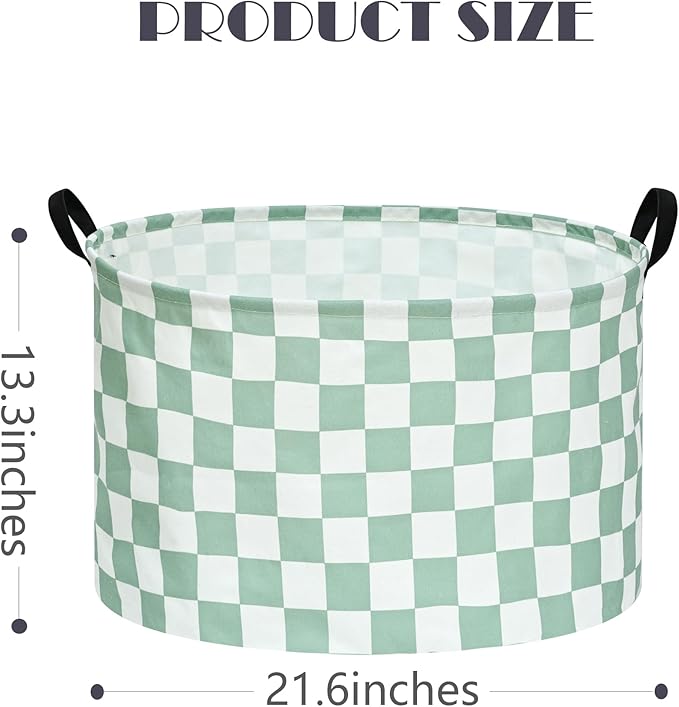 Sage Checkered Storage Basket Extra Large 80L Kids Hamper Baby Laundry Basket Waterproof Toys Car Organizer Collapsible Canvas for Home/Dorm/Pet/Office/Closet/Shelf/Gift Baskets