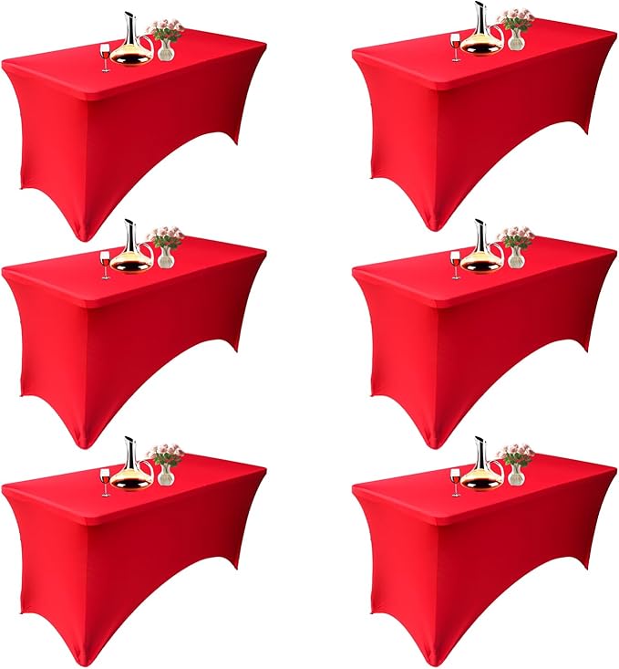 6 Pack - Elegant Red Stretch Spandex Table Cover (48Lx24Wx30H Inches), Non-Iron Fitted Tablecloth for 4-Foot Rectangular Folding Tables -Ideal for Banquets, Weddings & Festivals