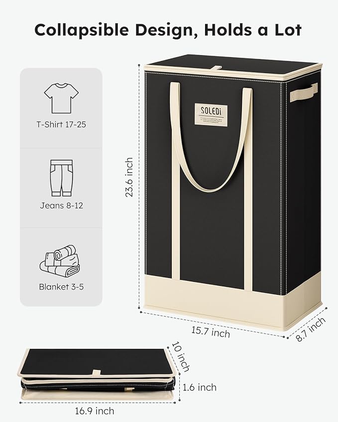 SOLEDI Slim Laundry Hamper with Lid,Collapsible Narrow Laundry Basket with Handles,Tall Skinny Dirty Clothes Hamper for for Laundry Room,Dorm,Bathroom,Bedroom,and Small Spaces, 53L Black