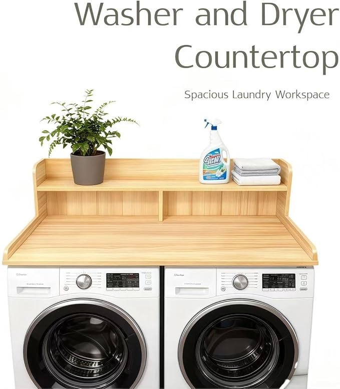 2-Tier Washer and Dryer Countertop, 54" W x 27.6" D Laundry Room Organization,Washer Dryer Topper Storage for Folding Clothes Over Washer and Dryer-Oak