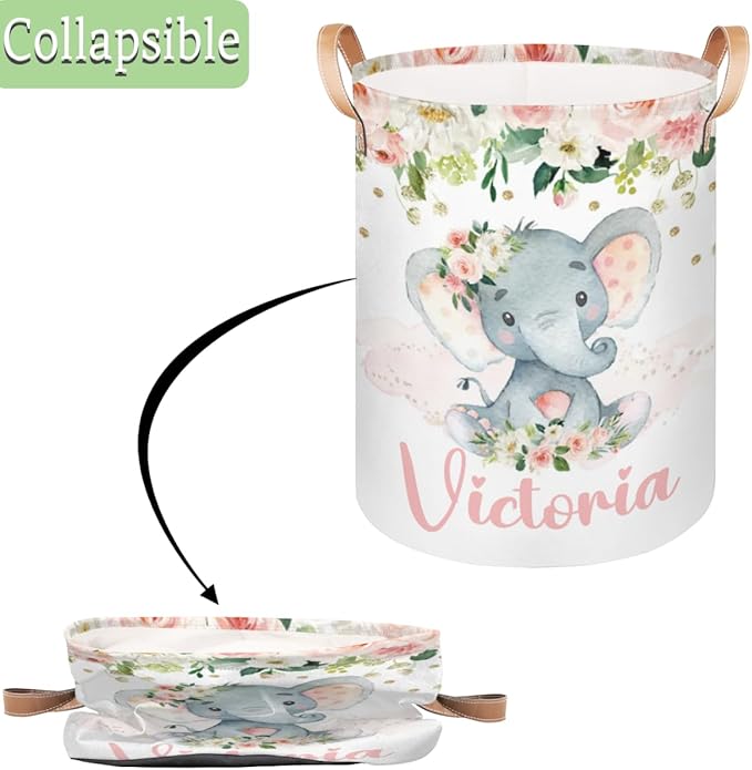 Personalized Laundry Basket, Custom Gift Laundry Hamper, Collapsible Nursery Waterproof Laundry Baskets, Dirty Clothes Toy Hamper with Handles Blush Floral Elephant Girl