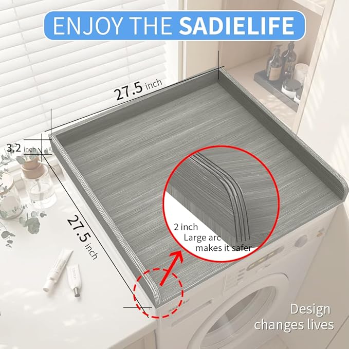 Washer Dryer Countertop Only, 27.5" x 27.5" Laundry Room Countertop for Folding, Washer and Dryer Countertop Single with Non-Slip Pads, Easy Install Washer and Dryer Topper with Edge Rails Gray