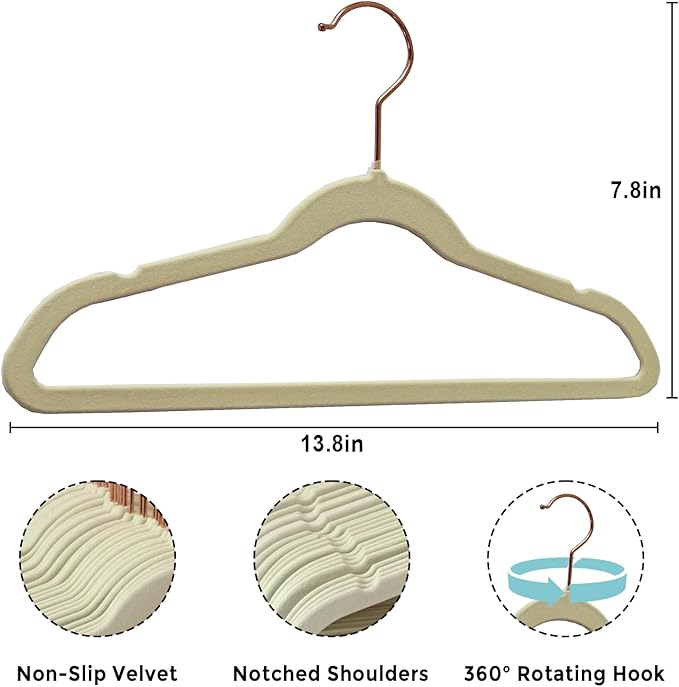 50-Pack 14 Inch Children's Closet Hangers with 10 Clips - Soft Velvet Non-Slip Hangers for Kids & Teen Clothes (Beige)