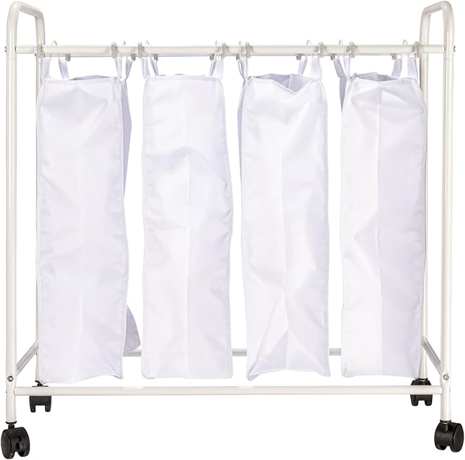 Household Essentials Rolling Laundry Sorter, 4 Bag Laundry Sorter Cart with Washable and Removable Bags, White