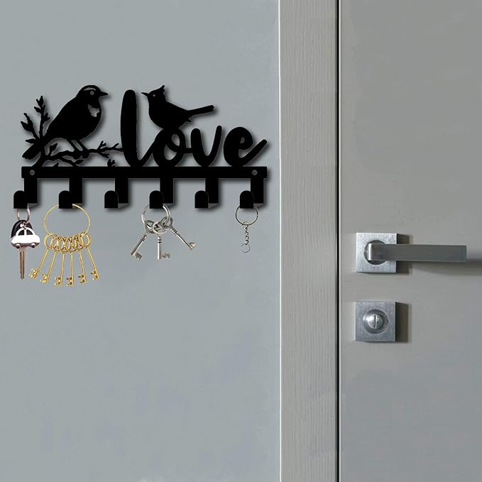 CREATCABIN Metal Bird Coat Hooks Wall Mount Key Holder Organizer Black Decorative Hanger Rack with Love Design Coat Keychain Hanging Wall Decoration for Entryway Door Housewarming Gifts 10.6x5 Inch