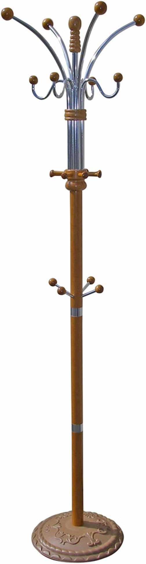 ORE International Six Foot Wood and Chrome Coat Rack Oak Finish