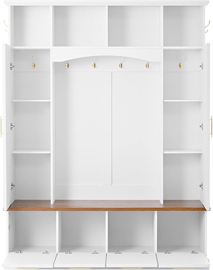 Versatile Hall Tree with Golden Hooks and 2 Doors, 5-in-1 Wood Coat Rack Entryway Shoe Cabinet with Bench& Adjustable Shelves, Functional 59'' Wide Hall Tree for Entrance Hallway (White-8.2)