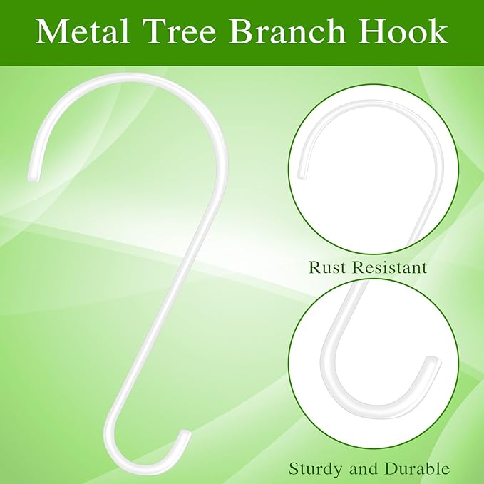 Dreecy 6 Pack 12 Inch White Tree Hooks, Black Industrial S Shaped Steel Hooks, Rust Resistant, 12 Pounds Max Weight, 6 Count, Wall Mount, Outdoor, Garden, Garage