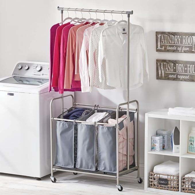 mDesign Portable Laundry Sorter with Wheels and Garment Hanging Bar - Heavy Duty Metal Cart System with 3 Hamper Laundry Sorter Basket Organizers and Drying Rack - Satin/Dark Charcoal Gray