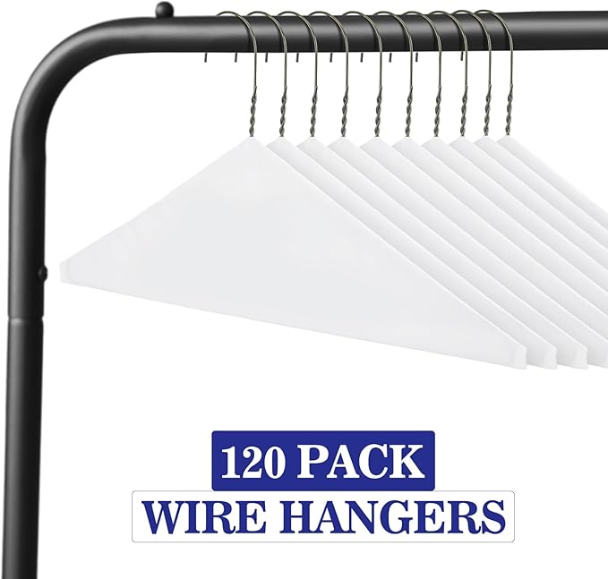 120 Pcs Wire Hangers Bulk 16" Dry Cleaner Hangers for Clothes Caped Clothing Pants(Caped,White)